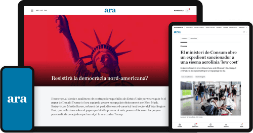 Imatge de pantalles de mòbil, tableta i ordinador amb la app i web del ARA